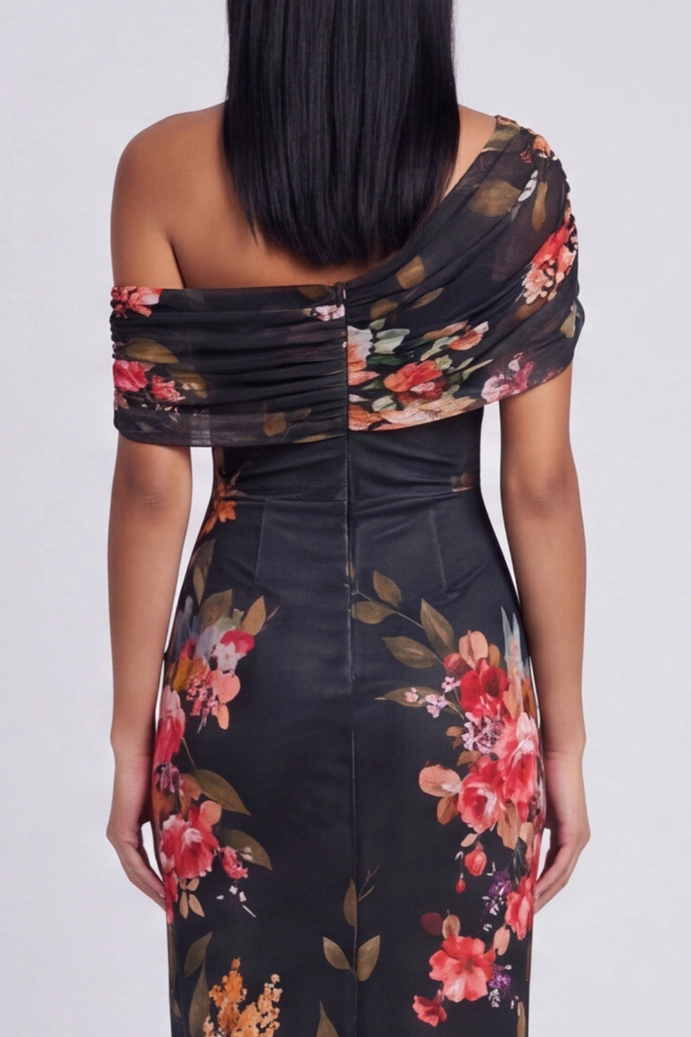 Elegant Sheath Asymmetric One Shoulder Draped Back Zip Midi Wedding Guest Dress