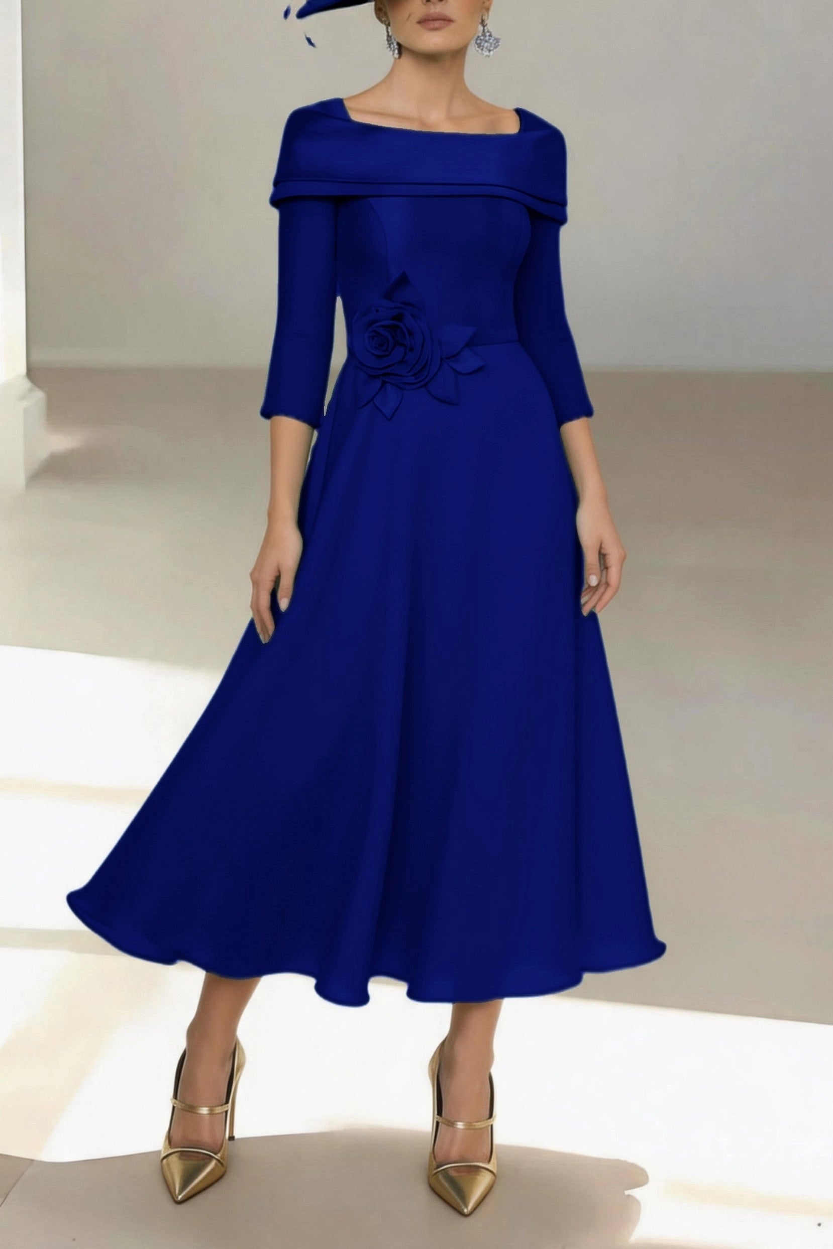 Vintage A-Line Off Shoulder 3/4 Sleeve Zip Back Midi Mother Of The Bride Dress