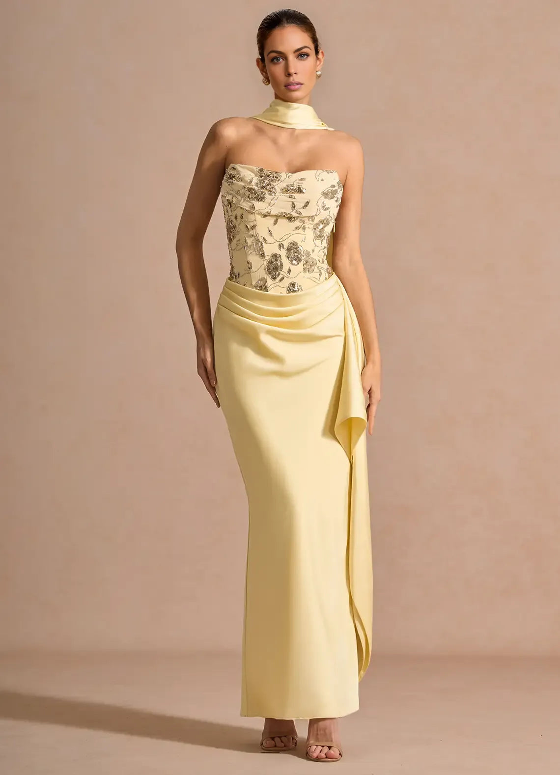 Mermaid Strapless Sleeveless Lace Satin Maxi Scarf Lace-up Formal Evening Dress