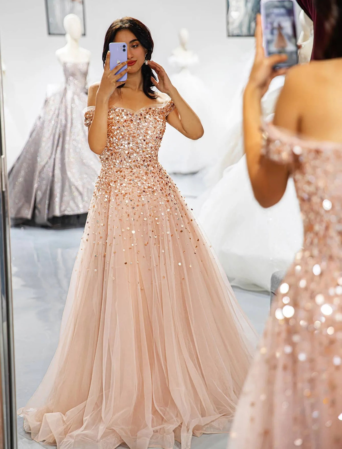 Blush A-line Off Shoulder Sequin Tulle Long Evening Dress