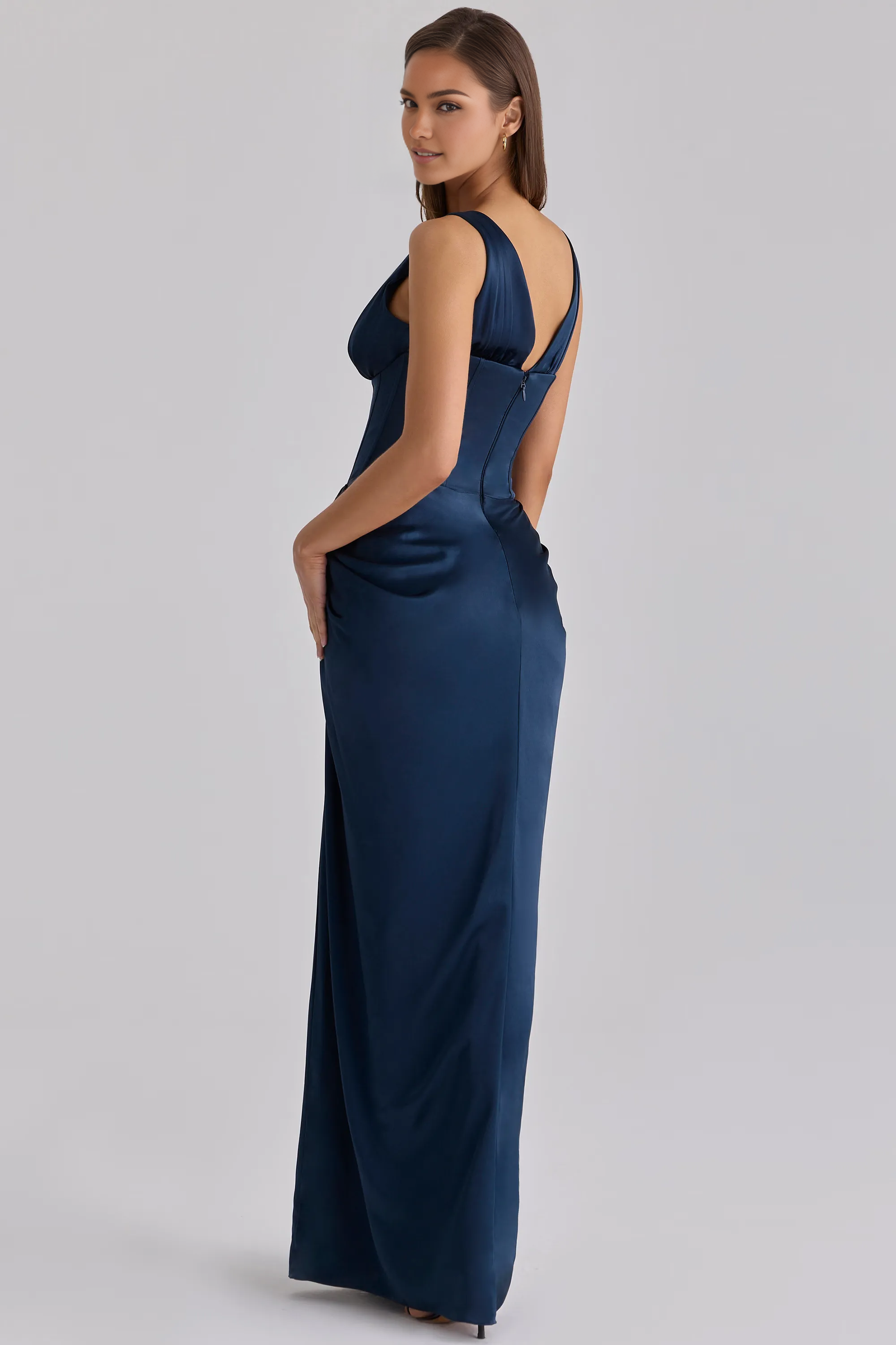 Formal Sheath Plunge V-Neck Sleeveless Satin Corset Evening Dress