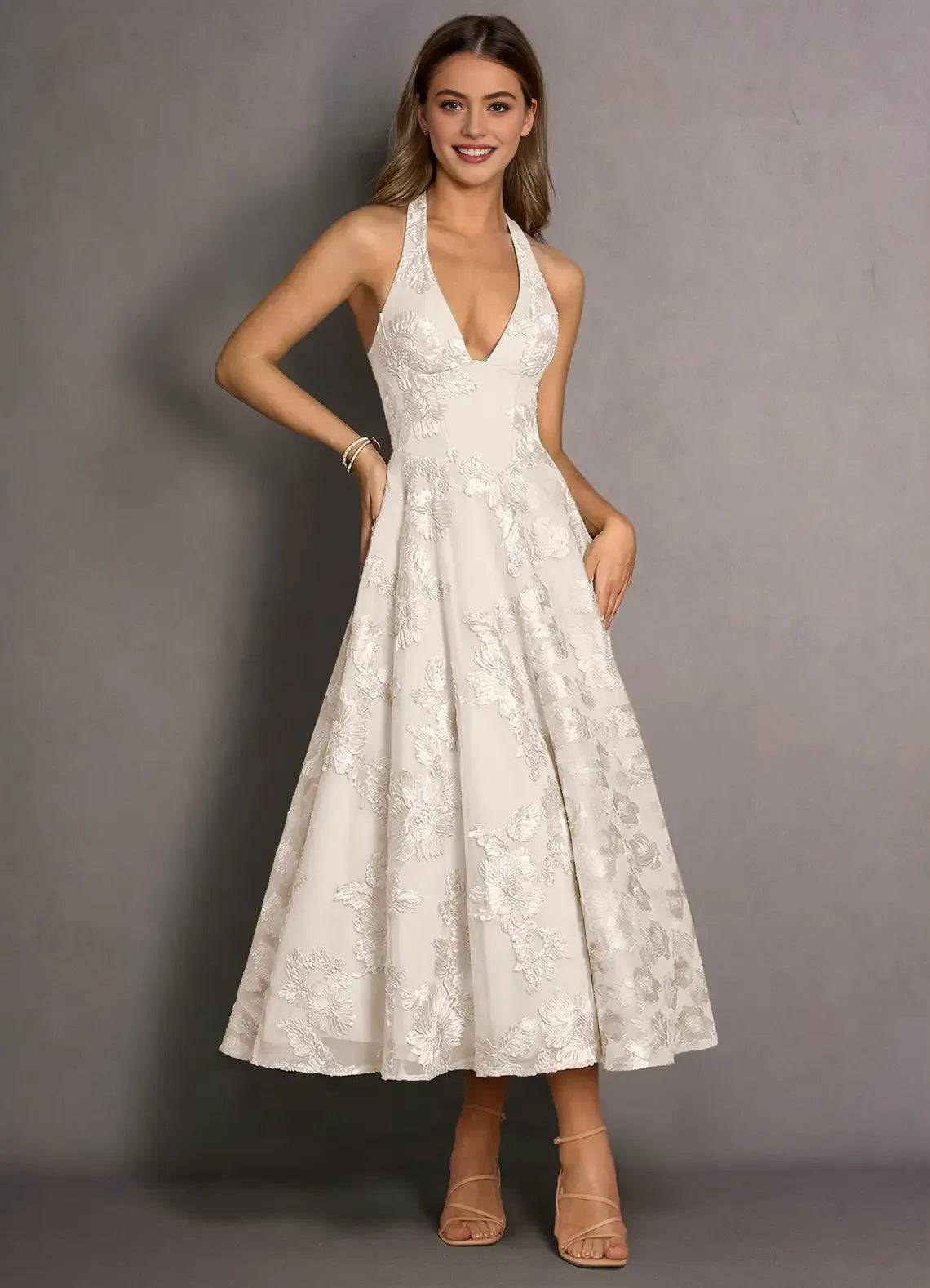 Romantic A-line Halter Sleeveless Lace Midi Lace-up Back Wedding Guest Dress