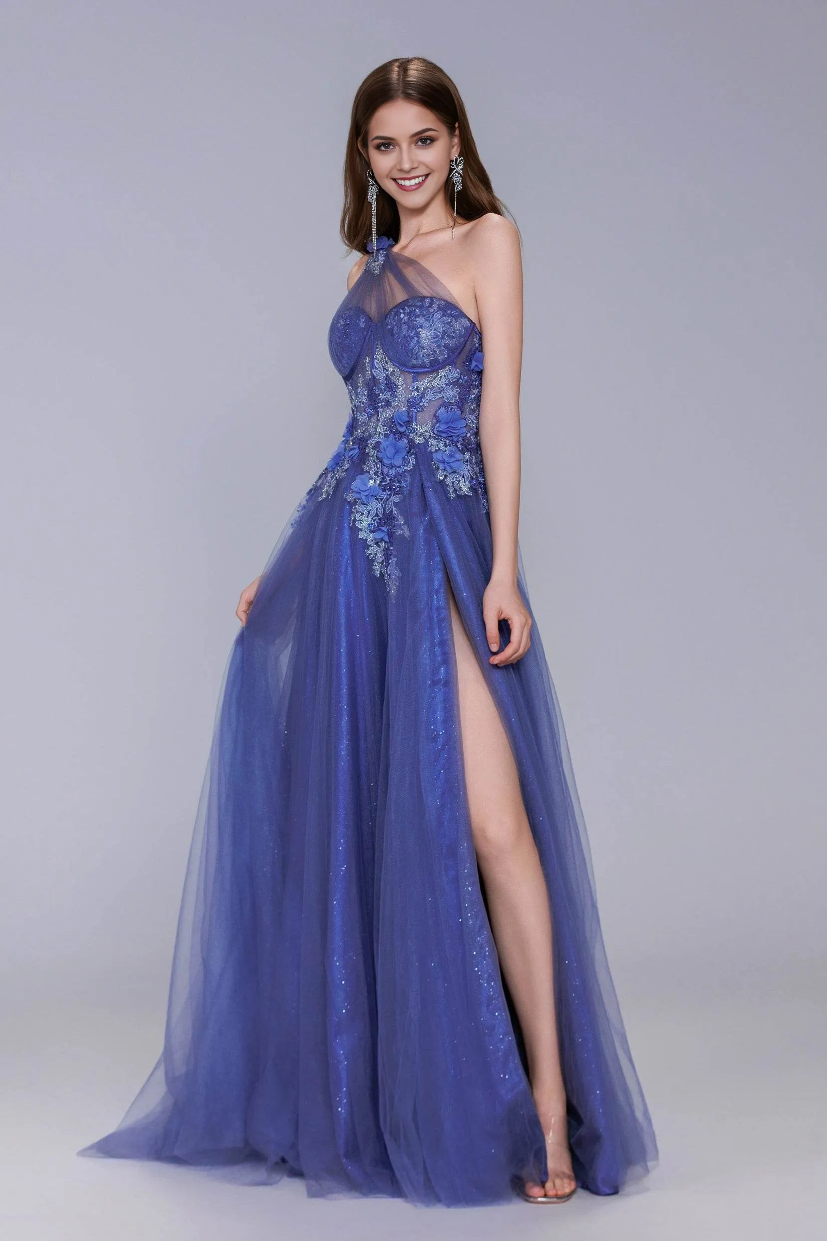 Radiant A-Line One-Shoulder Tulle Appliqué Sweep-Brush Train Prom Gown with Slit