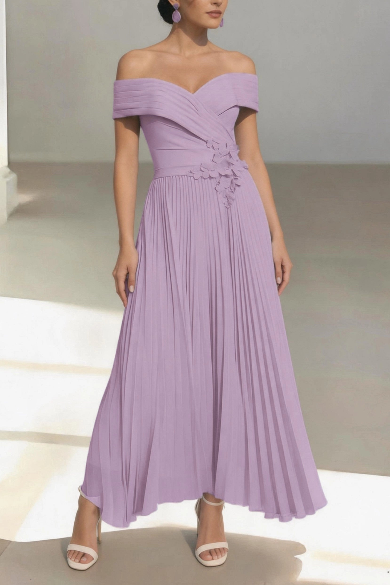 Romantic Pleated A-Line Off Shoulder Short Sleeve Zip Back Midi Mother Of The Bride Dress