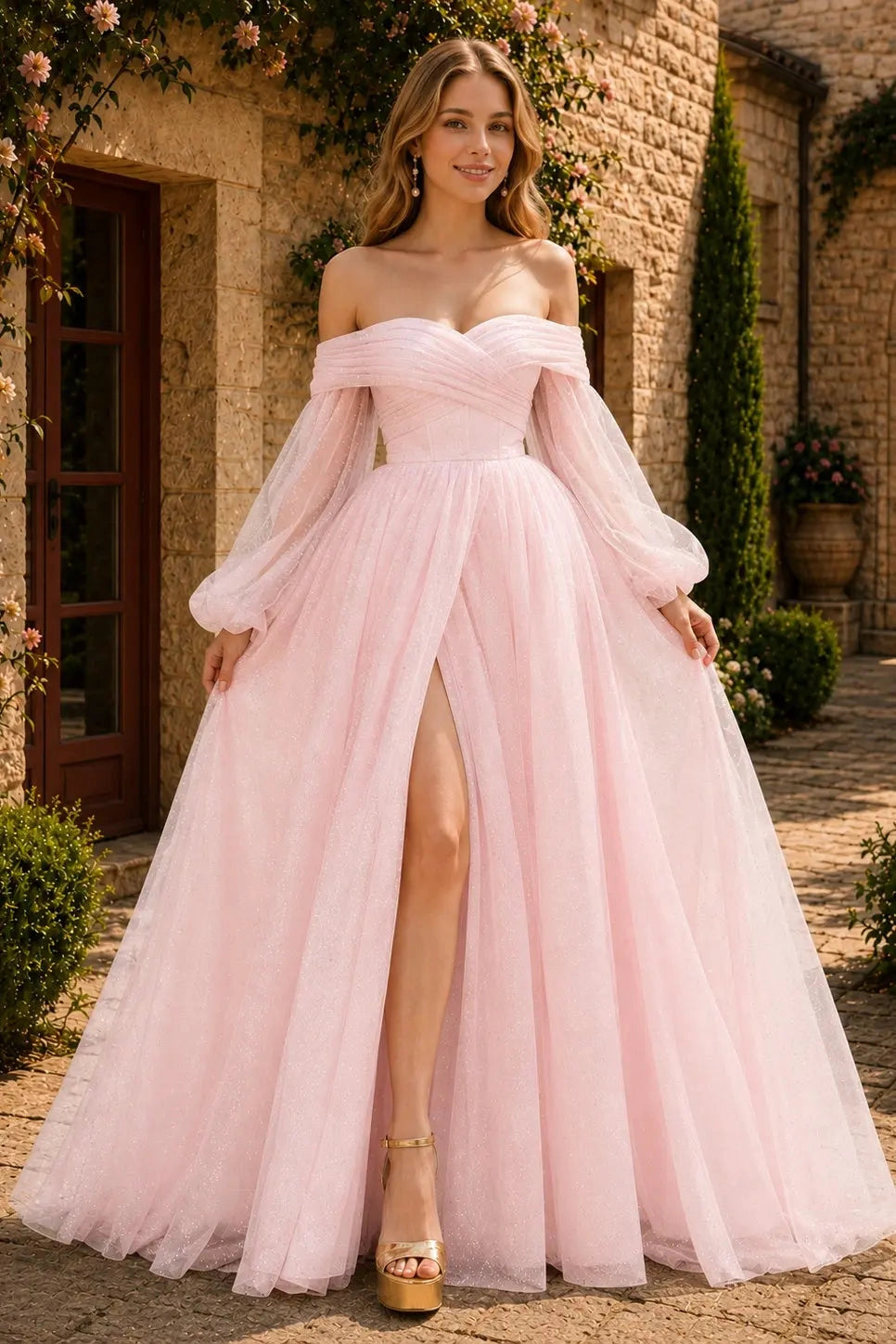 Glitter A‑Line Off‑The‑Shoulder Puff Sleeve Zip‑Back Floor Prom Dress
