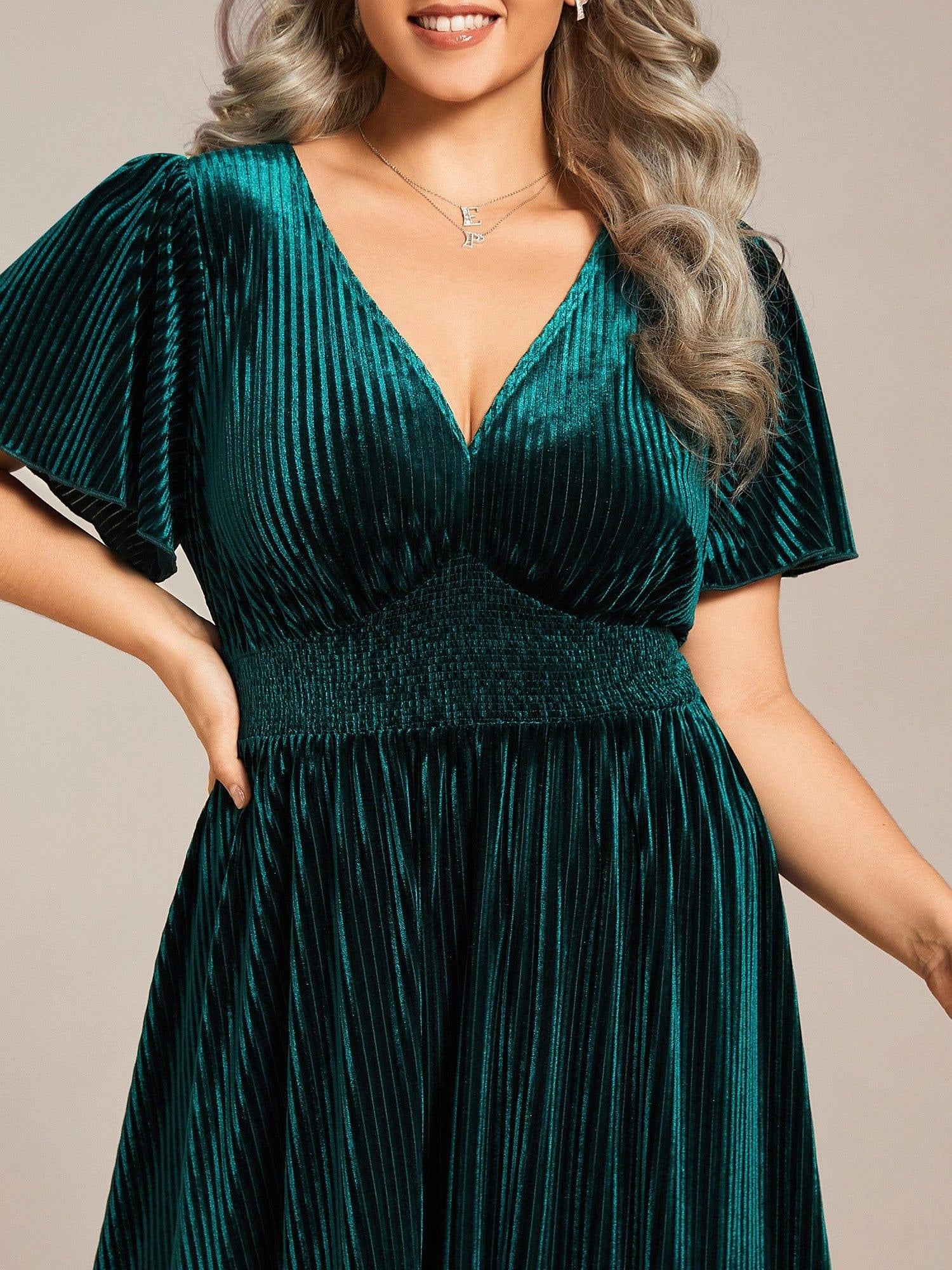 Rust‑Brown A‑Line V‑Neck Flutter‑Sleeve Plain‑Back Midi Mother Of The Bride Dress