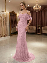 Champagne Off Shoulder Spaghetti Strap Sequin Mermaid Long Prom Dress With Train