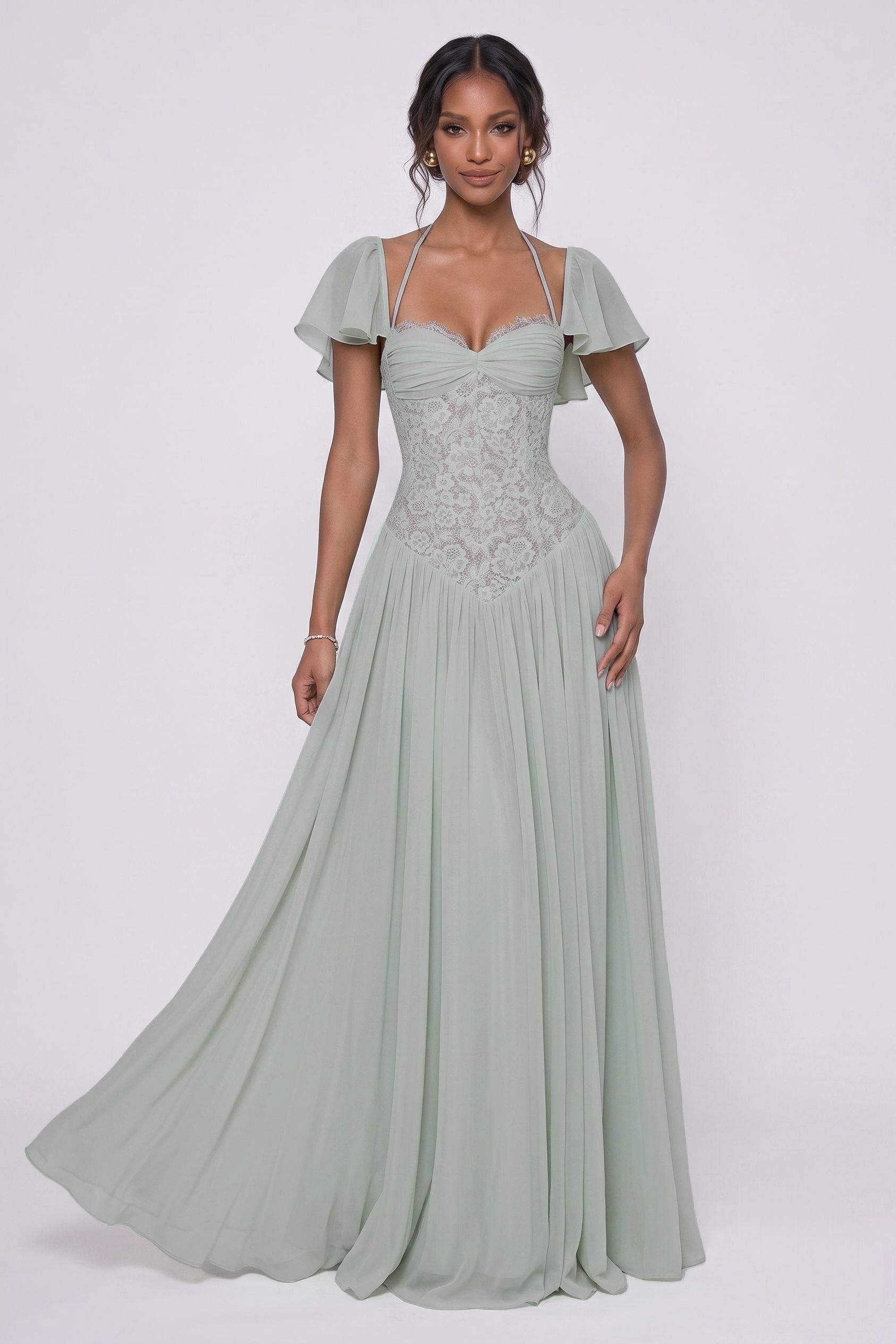 Romantic A-Line Sweetheart Flutter Sleeves Lace-Up Back Floor-Length Wedding Guest Dress