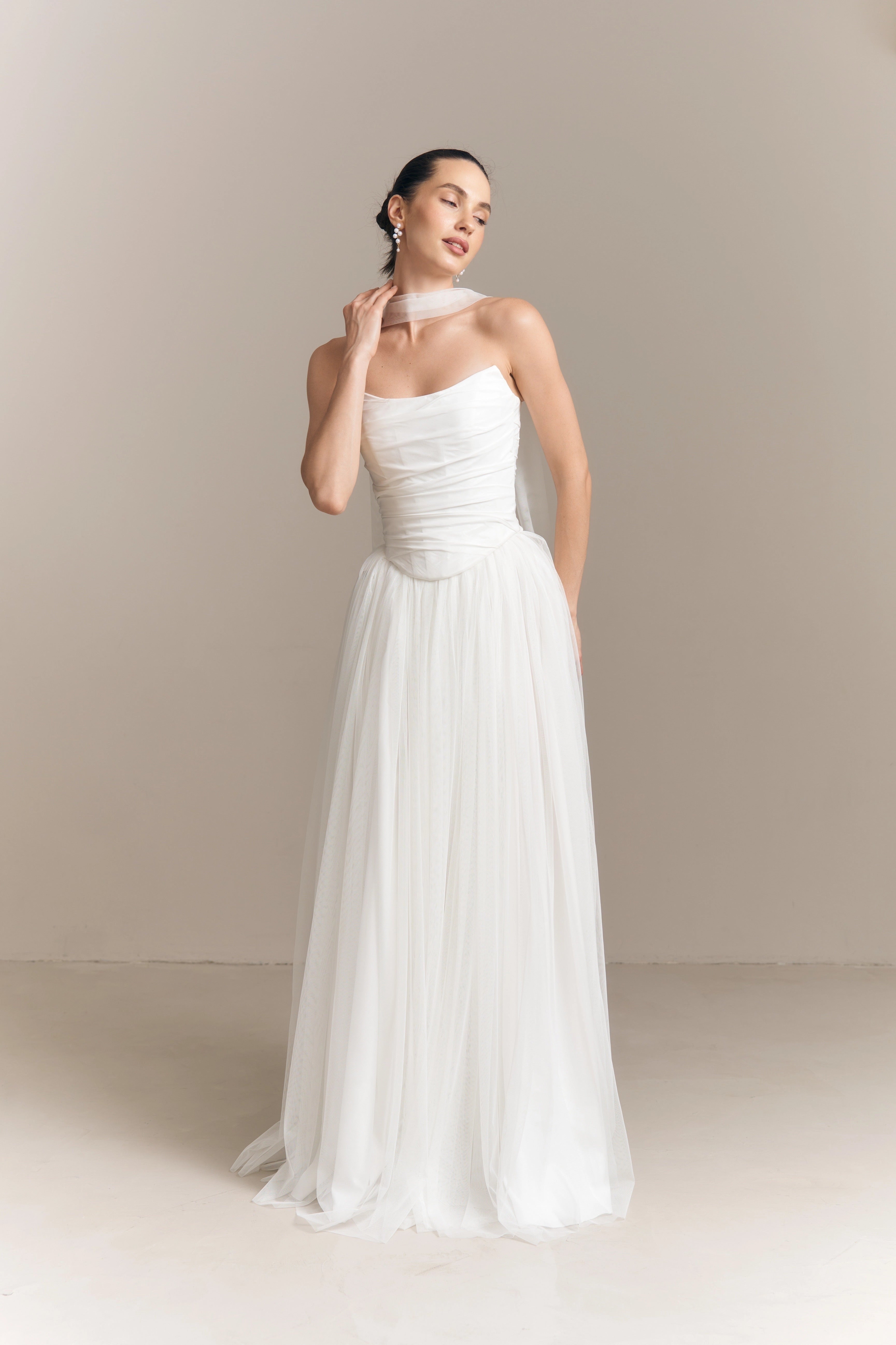 Vedress dreamy tulle a line wedding dress strapless cape sleeve floor length elopement bridal gown with draped shawl