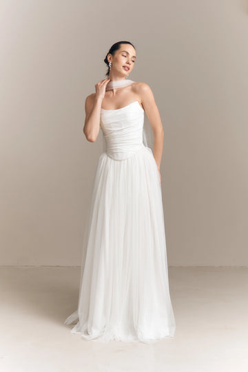 Vedress dreamy tulle a line wedding dress strapless cape sleeve floor length elopement bridal gown with draped shawl