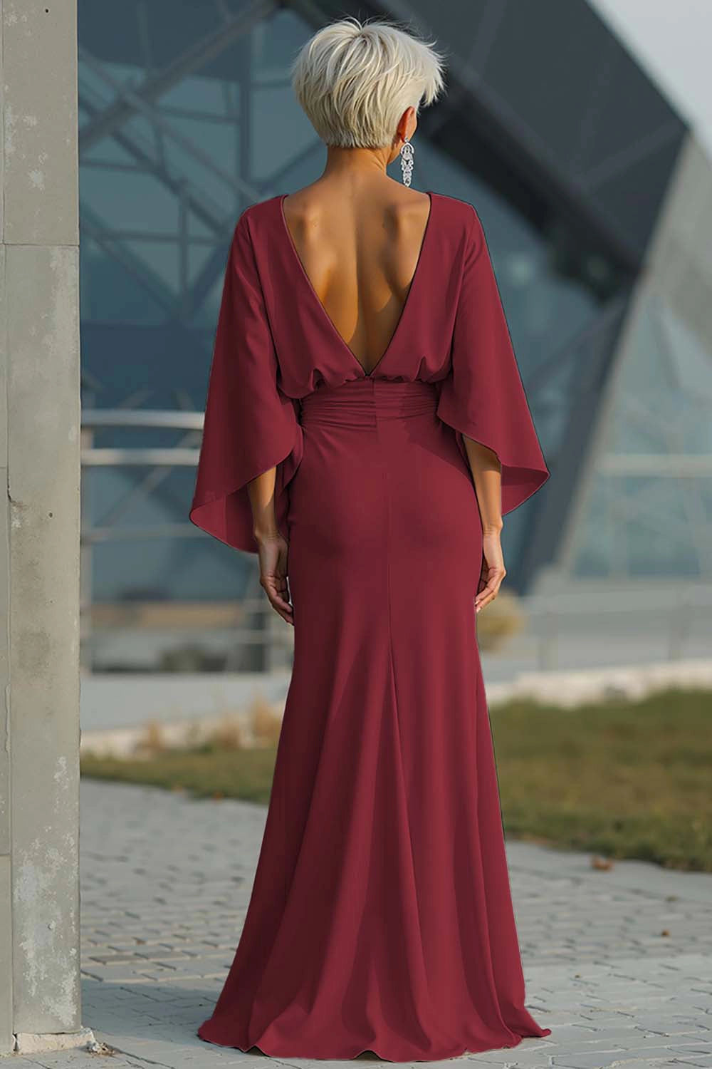 Satin Mermaid Boat Neck Dolman Deep V Back Maxi Wedding Guest Dress