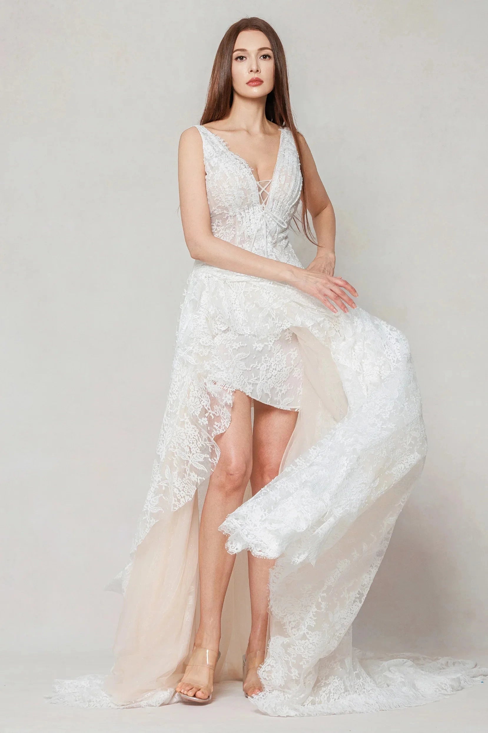 Romantic A-Line V Neck Sleeveless Zip Back Lace Wedding Dress With Train