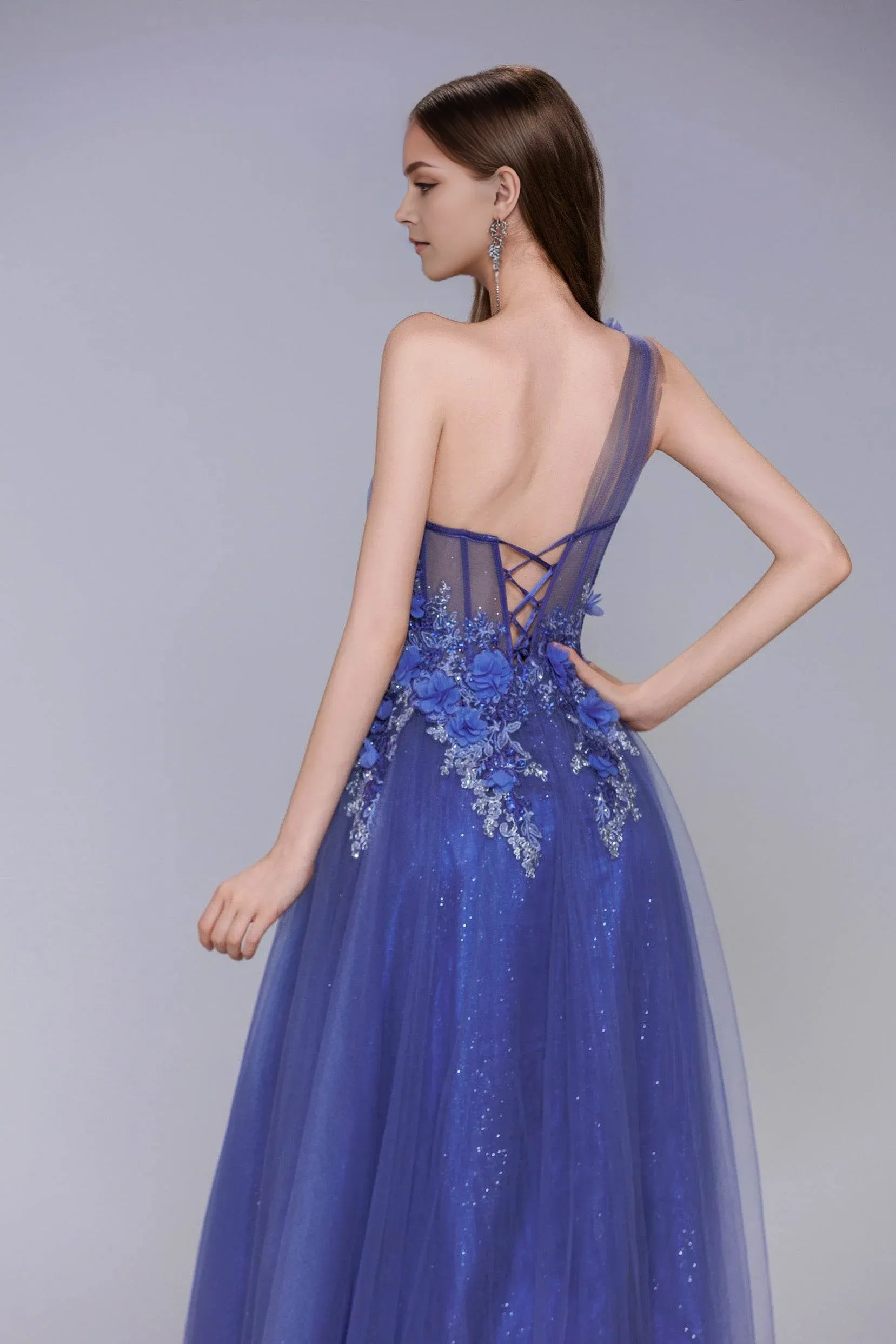 Radiant A-Line One-Shoulder Tulle Appliqué Sweep-Brush Train Prom Gown with Slit