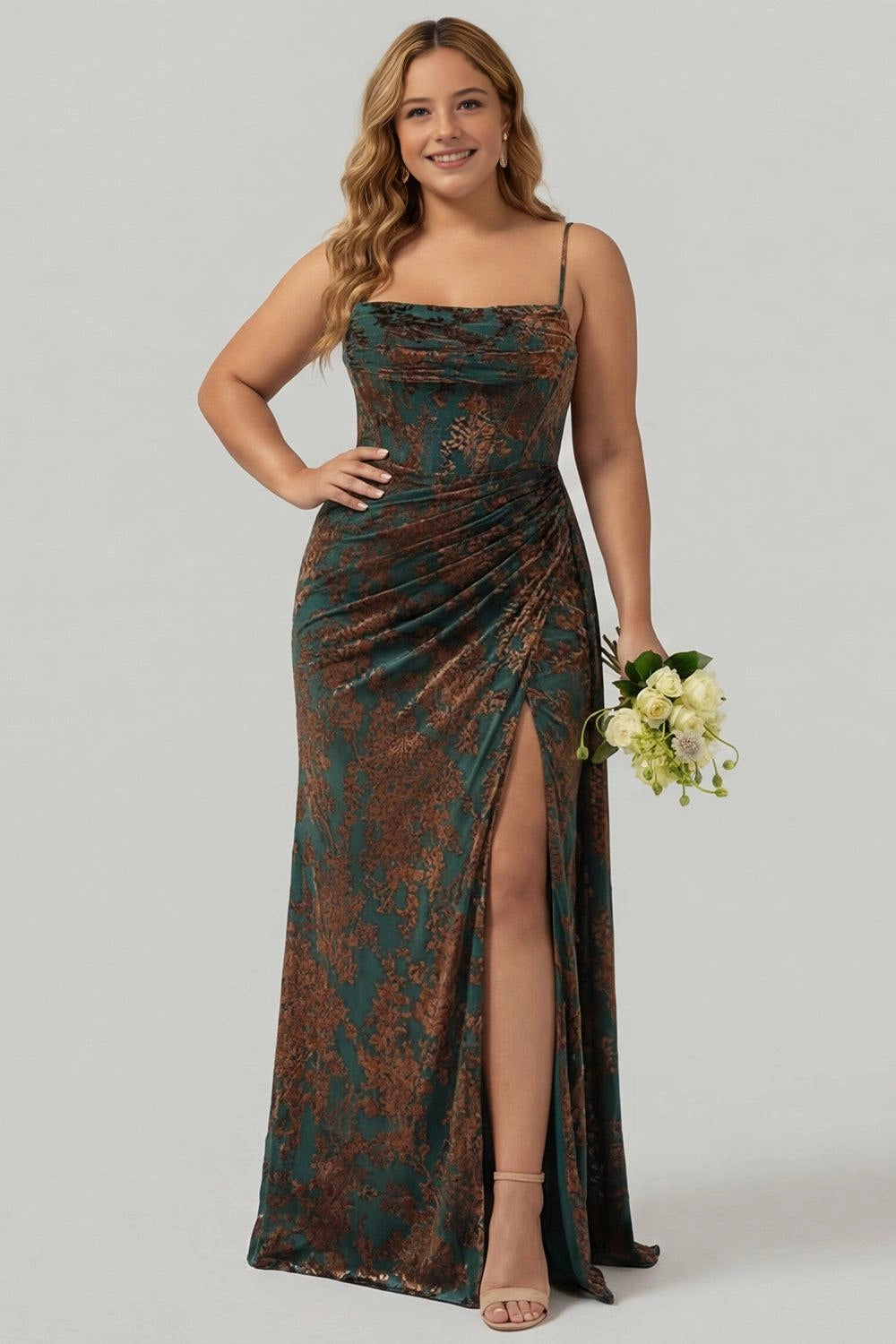 Vedress green brown floral satin ruched waist high slit mermaid wedding guest dress front view