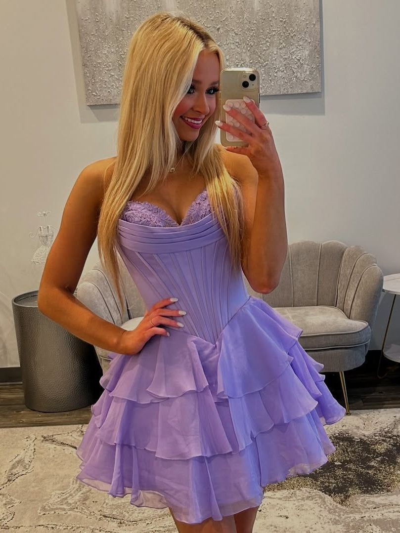 A Line Sweetheart Yellow Corset Homecoming Dress with Appliques Ruffles