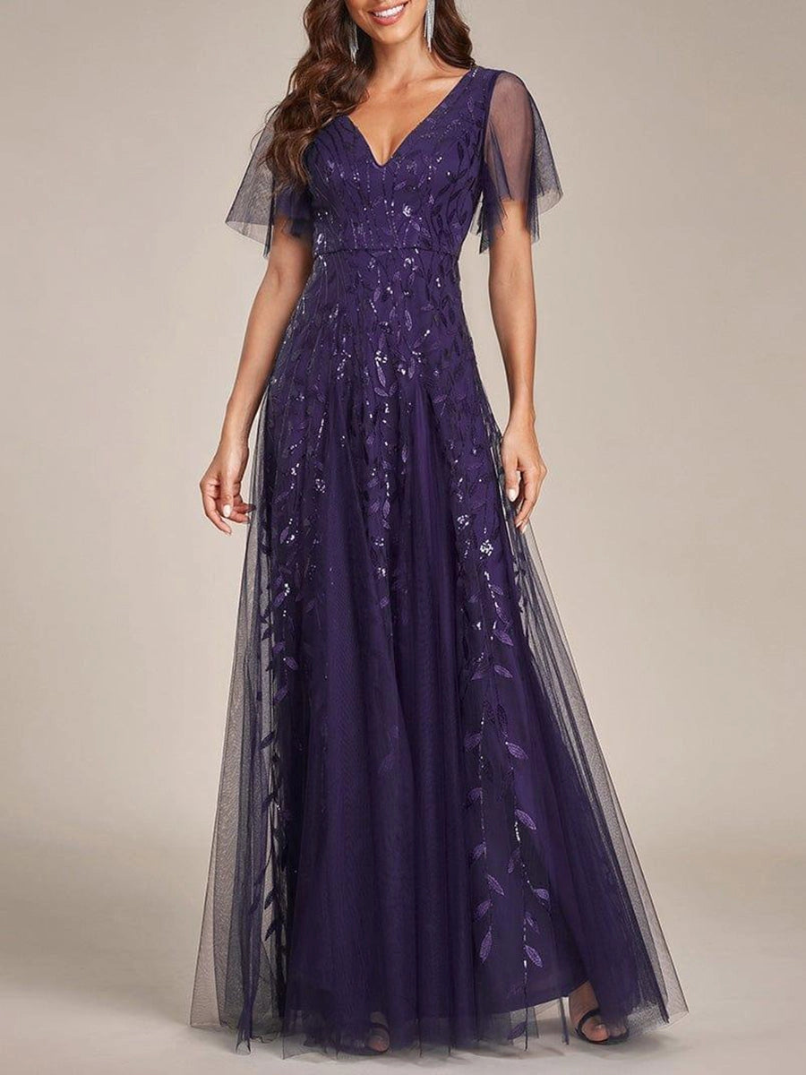 Navy A‑Line V‑Neck Flutter Sleeve V‑Back Long Mother of the Bride Dress