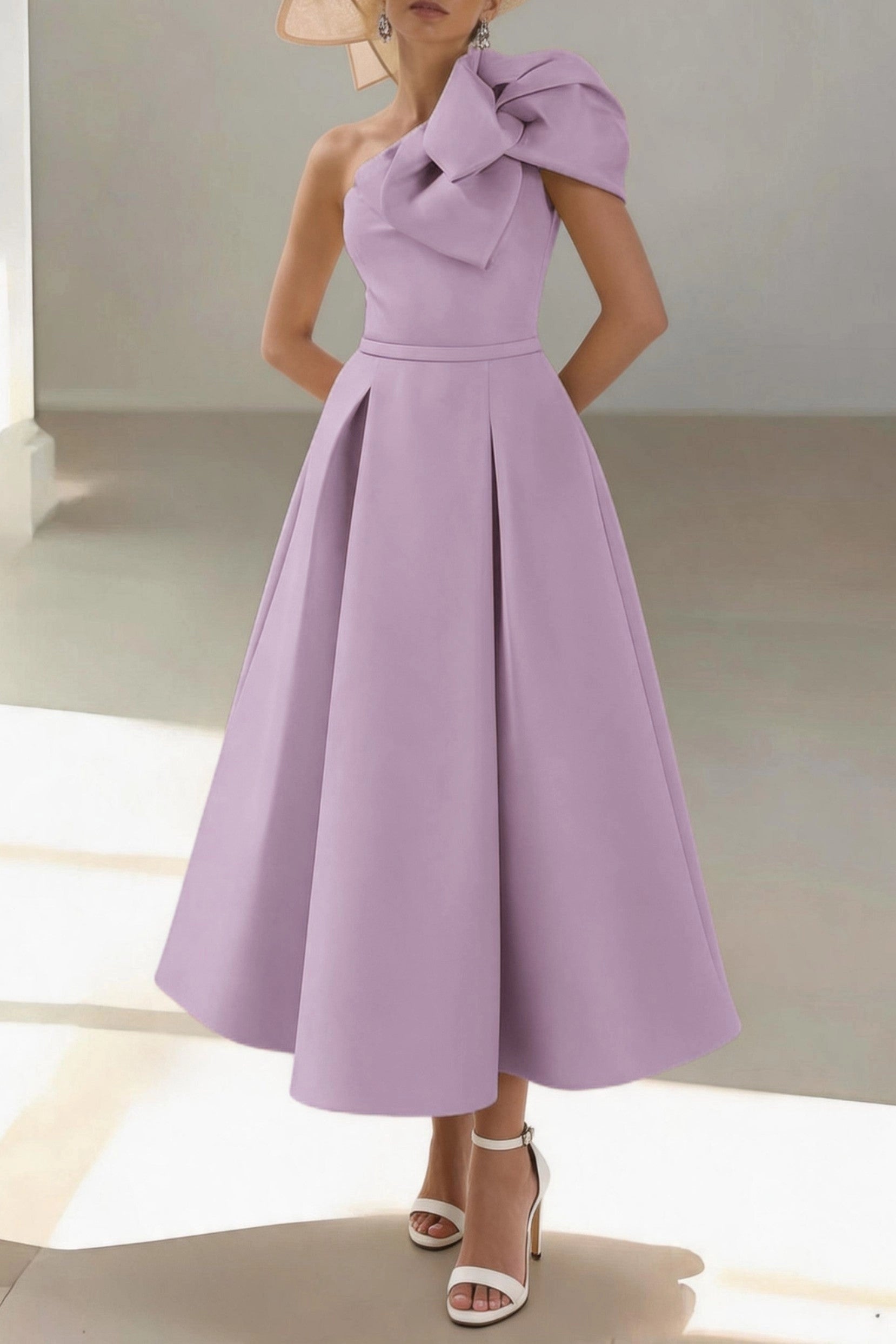 Elegant A-Line One Shoulder Sleeveless Zip Back Midi Mother Of The Bride Dress