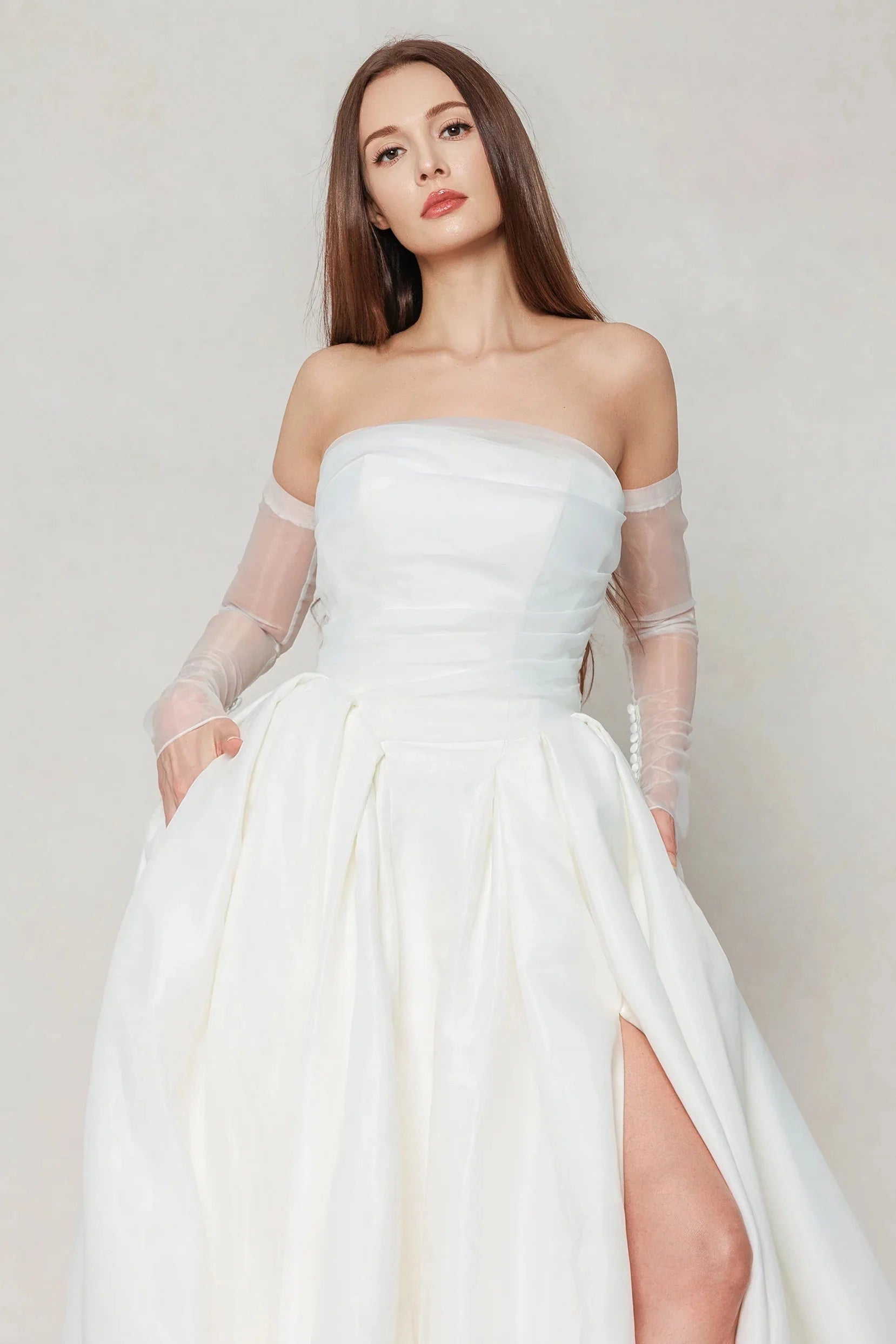 Elegant Ballgown Strapless Detachable Long Sleeve Plain Back Cathedral Train Bridal Wedding Dress