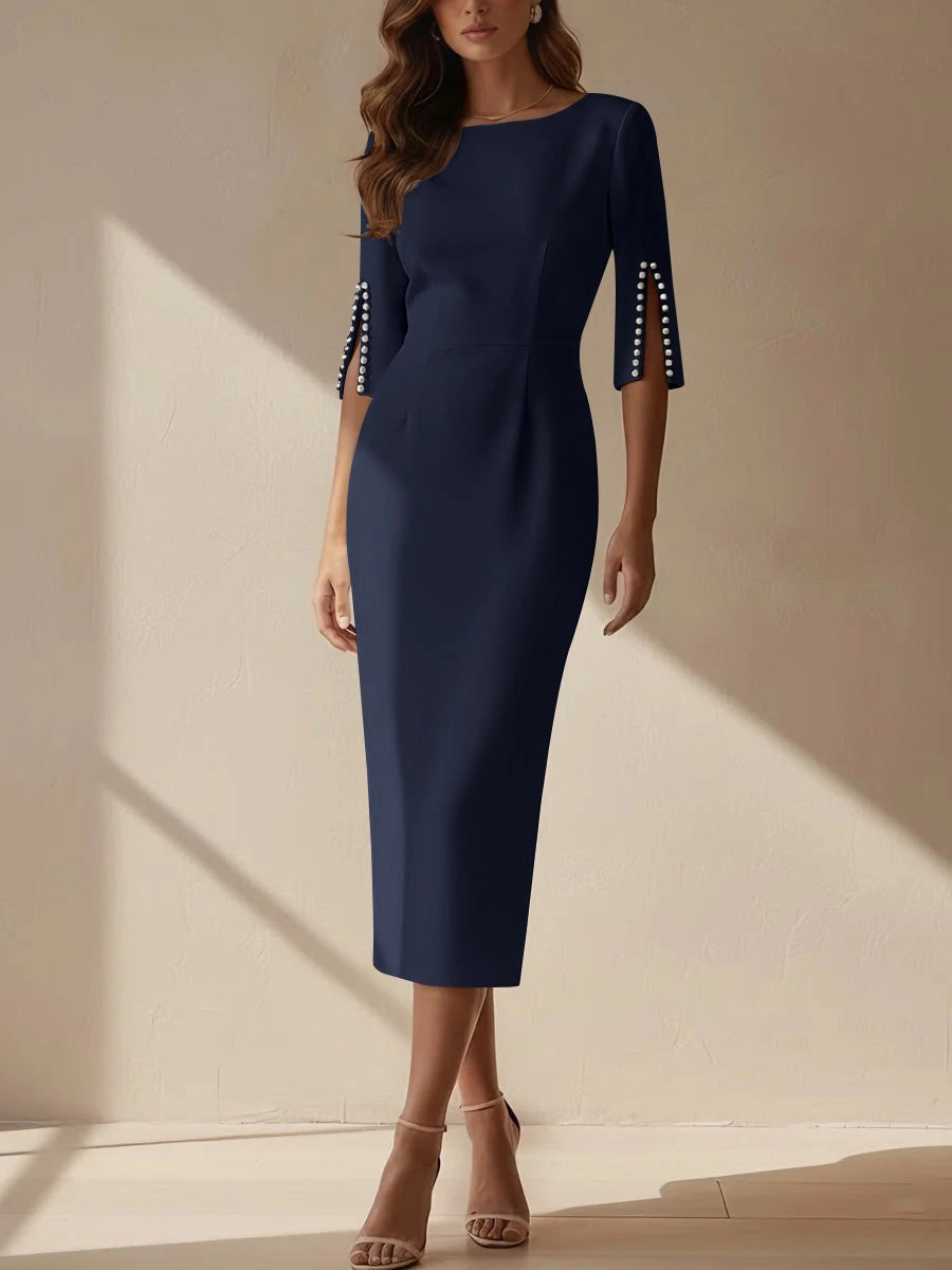 Chic Sheath Boat‑Neck Beaded‑Sleeve Zipper‑Back Midi Mother Of The Bride Dress