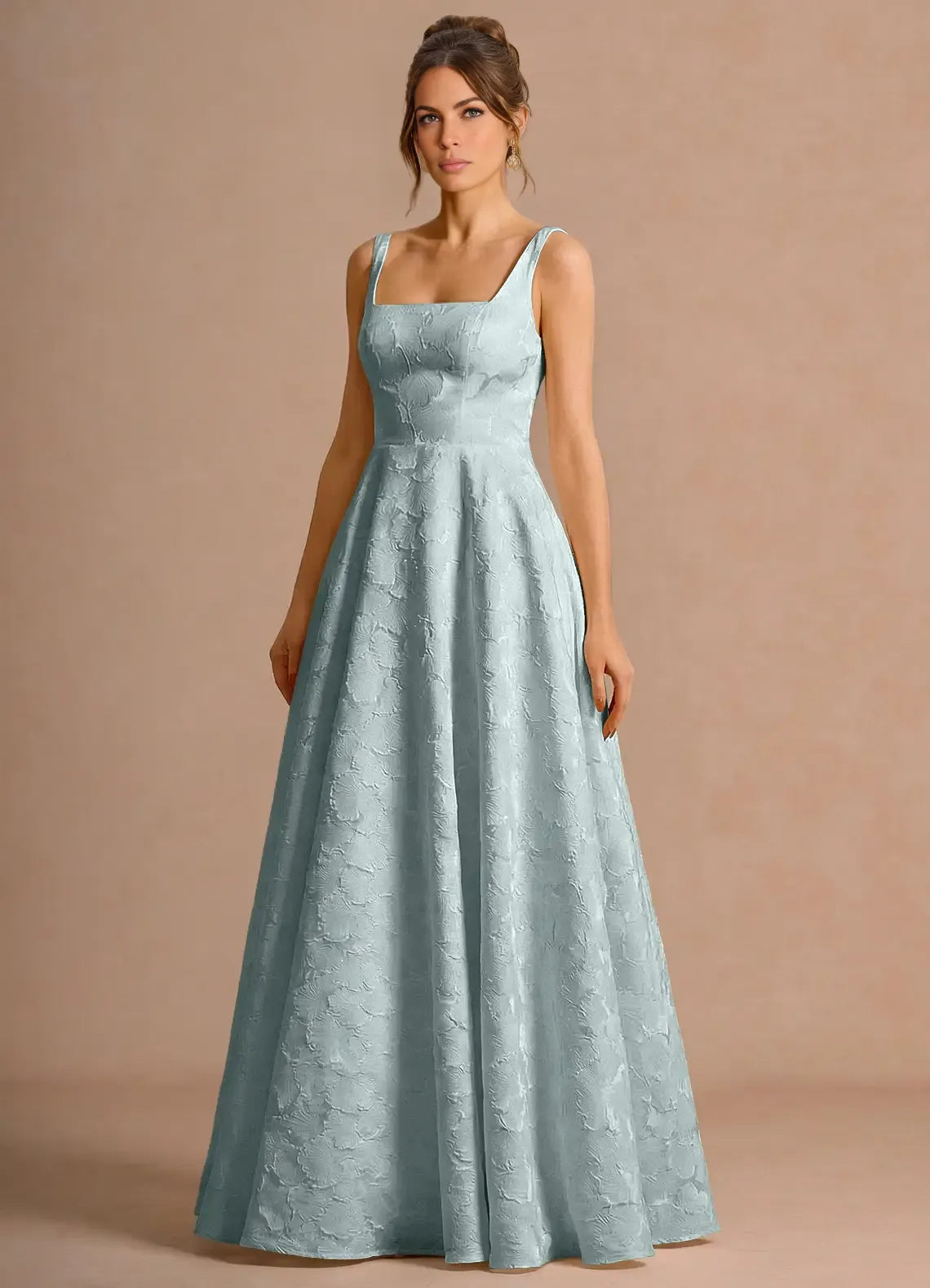 Elegant A-line Square Sleeveless Jacquard Maxi Lace-up Back Wedding Guest Dress