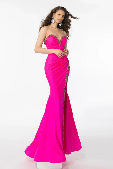 Glamorous Mermaid Sweetheart Strapless Satin Beaded Trim High Slit Evening Dress