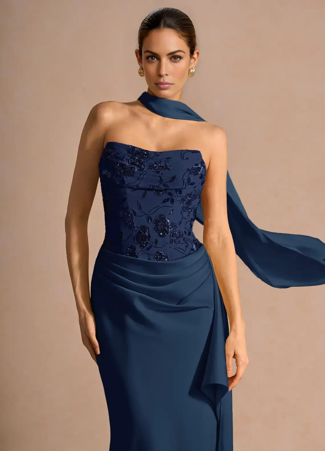 Mermaid Strapless Sleeveless Lace Satin Maxi Scarf Lace-up Formal Evening Dress