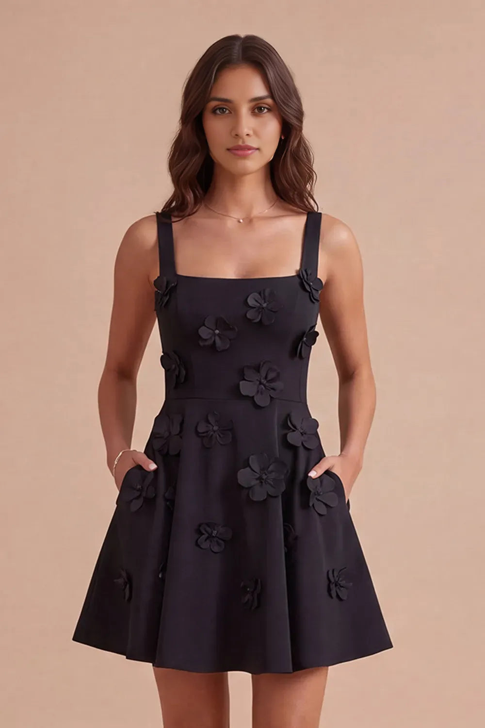 3D Floral Applique Sleeveless Square Neck Lace-Up Back Fit and Flare Mini Homecoming Dress