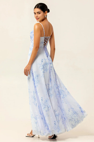 Romantic A-Line Cowl Neck Sleeveless Chiffon Floral Lace-Up High-Slit Evening Gown