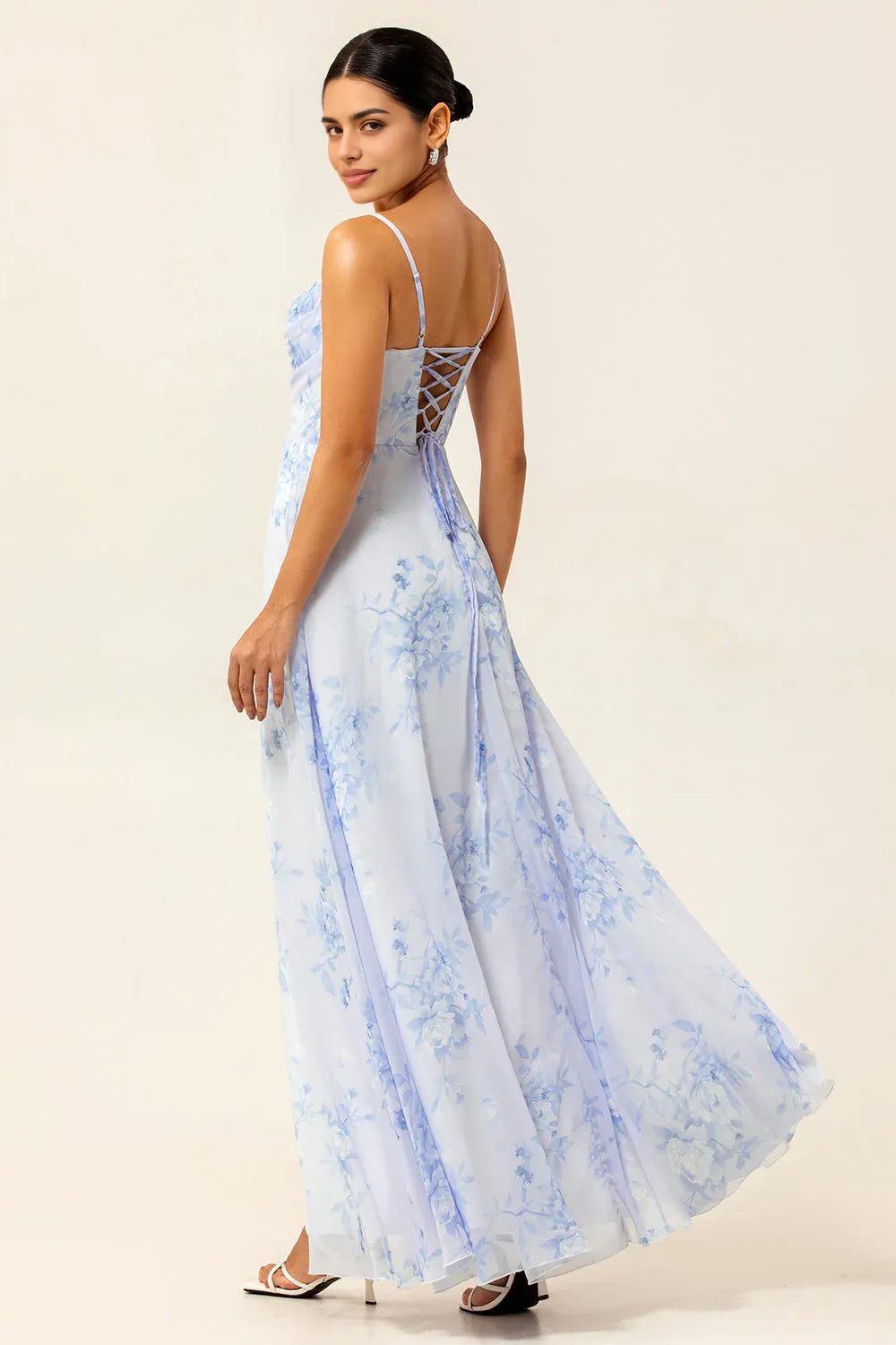 Romantic A-Line Cowl Neck Sleeveless Chiffon Floral Lace-Up High-Slit Evening Gown