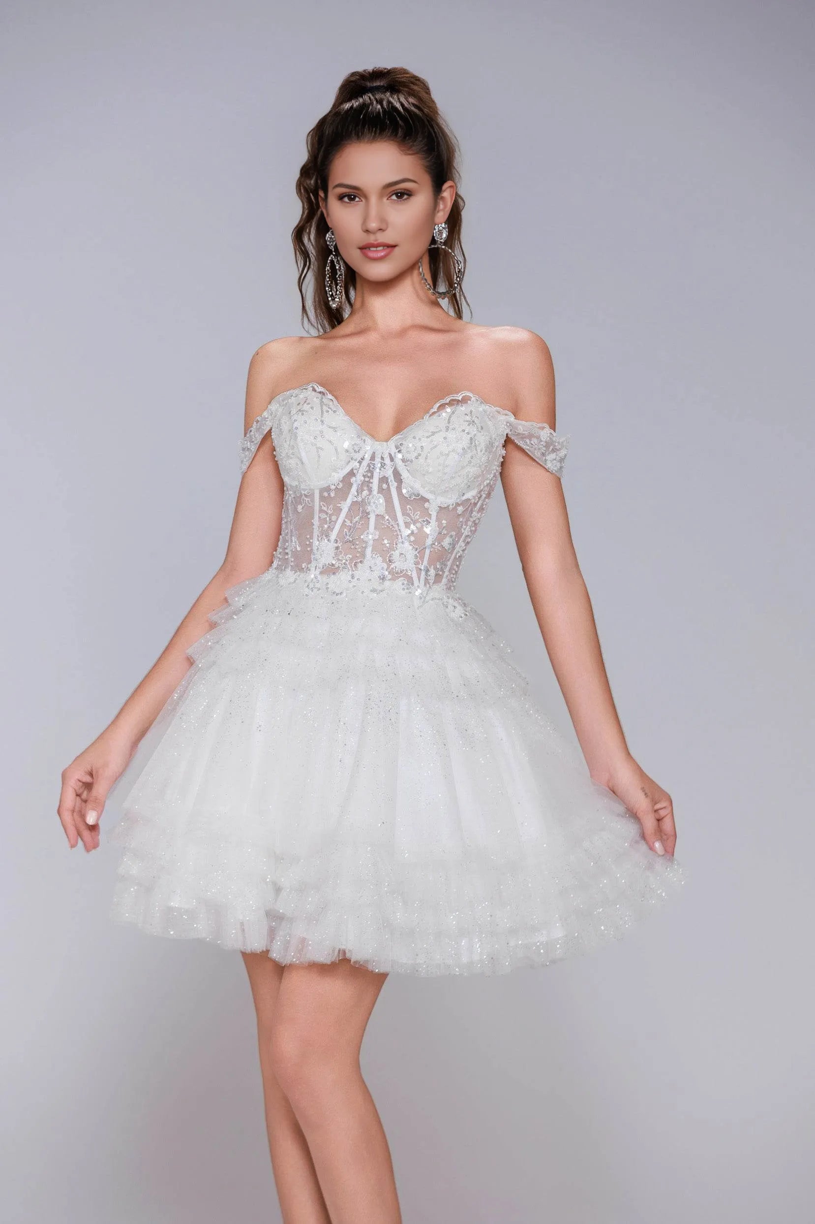 sweetheart off-shoulder tulle homecoming dress with sheer corset bodice, lace appliqué, and layered short skirt