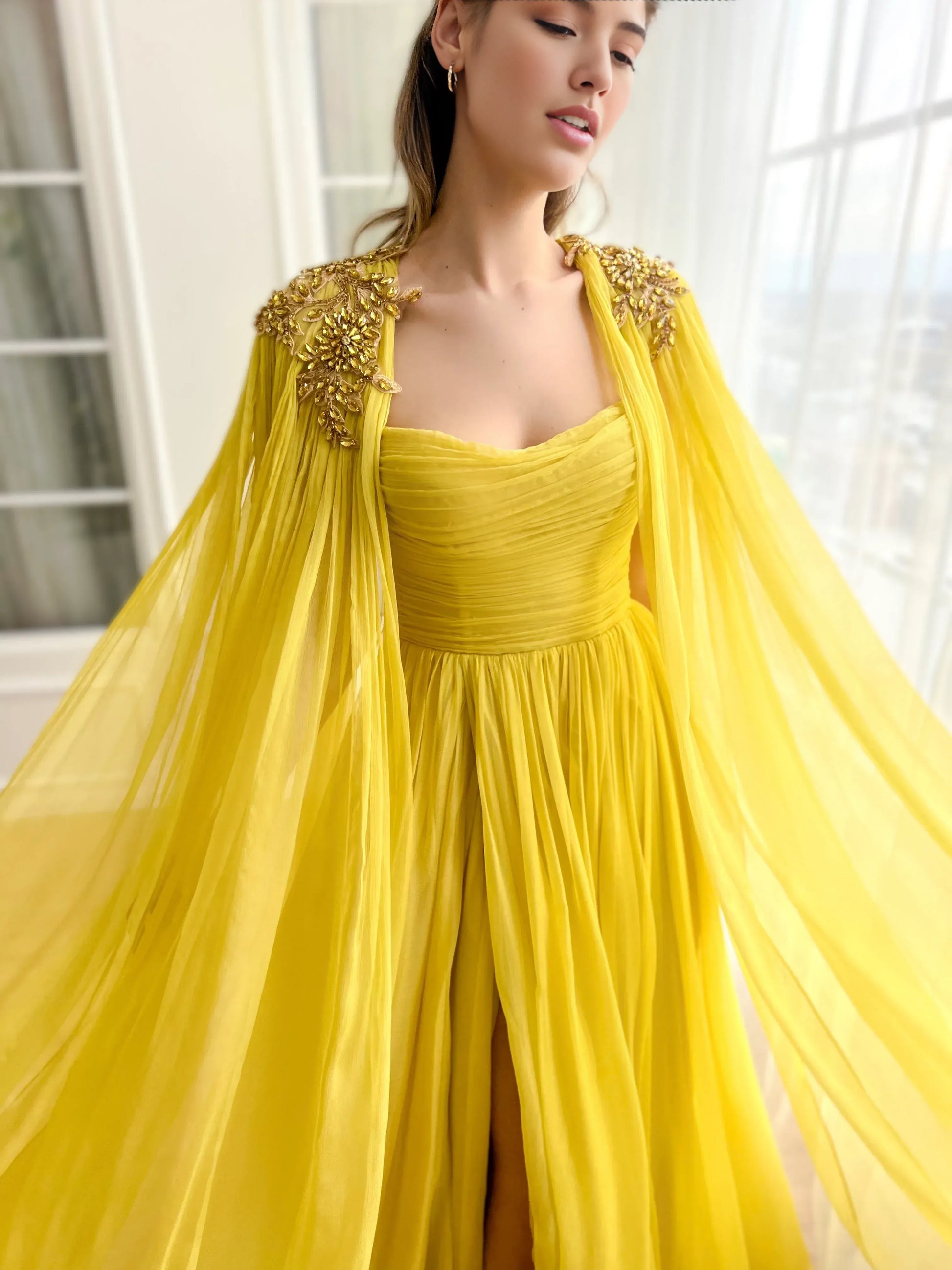 Radiant A-Line Sleeveless Crystal Embellishments Chiffon Draped Bodice Evening Gown with Cape