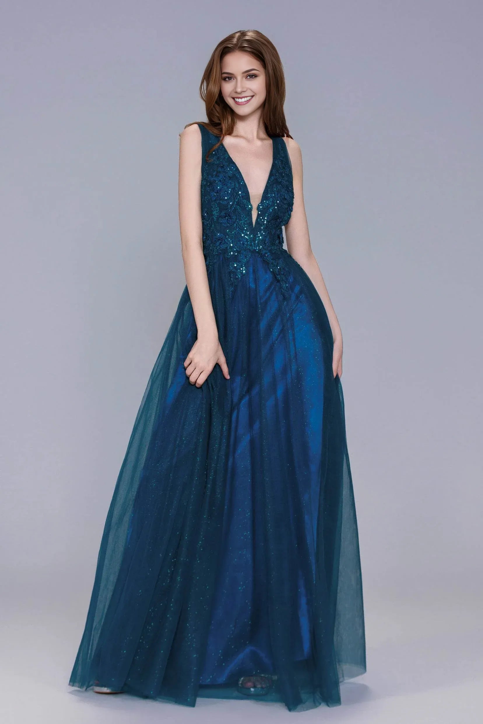 Refined A-Line Plunge V-Neck Glitter Tulle Appliqué Prom Dress Maxi Evening Gown