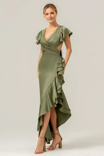 Sheath satin formal dress with V-neckline, flutter sleeves, wrap bodice, and cascading ruffle hem