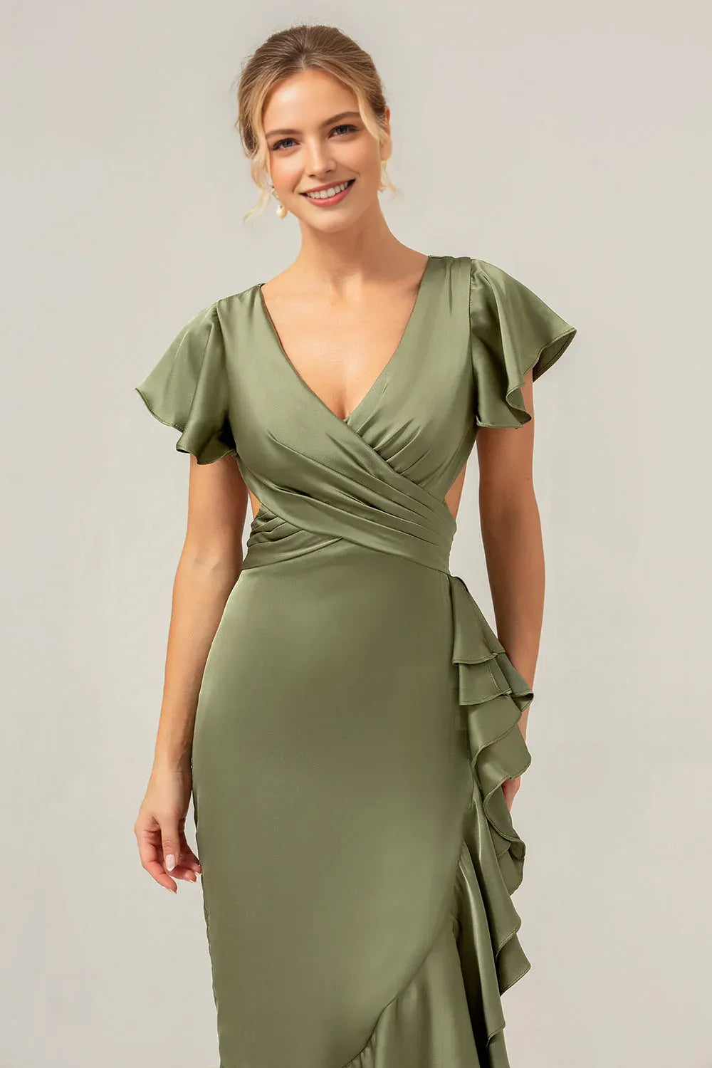Refined Sheath V-Neck Flutter Sleeve Satin Side-Cutout Ruffle High-Low Formal Wedding Guest Dress