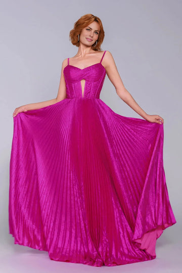 Striking A-Line Spaghetti Strap Pleated Metallic Keyhole Prom Dress