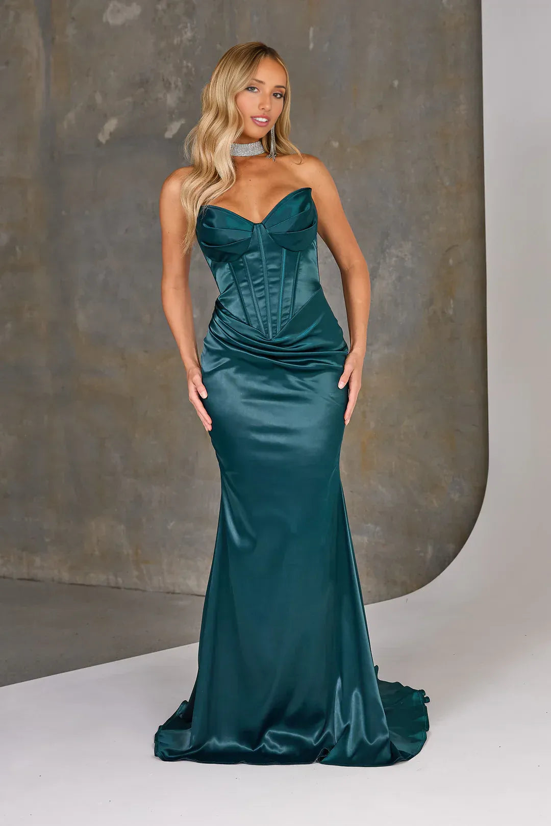 Strapless Satin Mermaid Evening Gown Boned Corset Wedding Guest Dress With Train