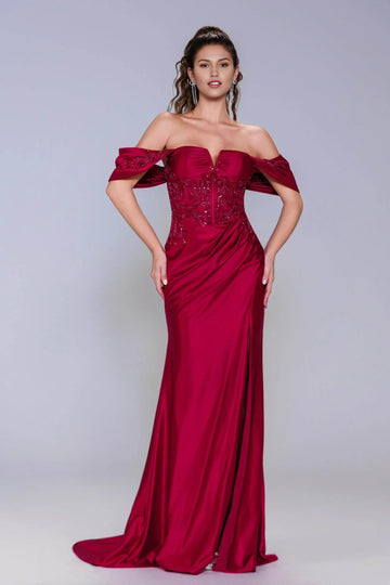 Sheath evening gown with sweetheart neckline, off-shoulder draped sleeves, appliqué bodice, and front slit