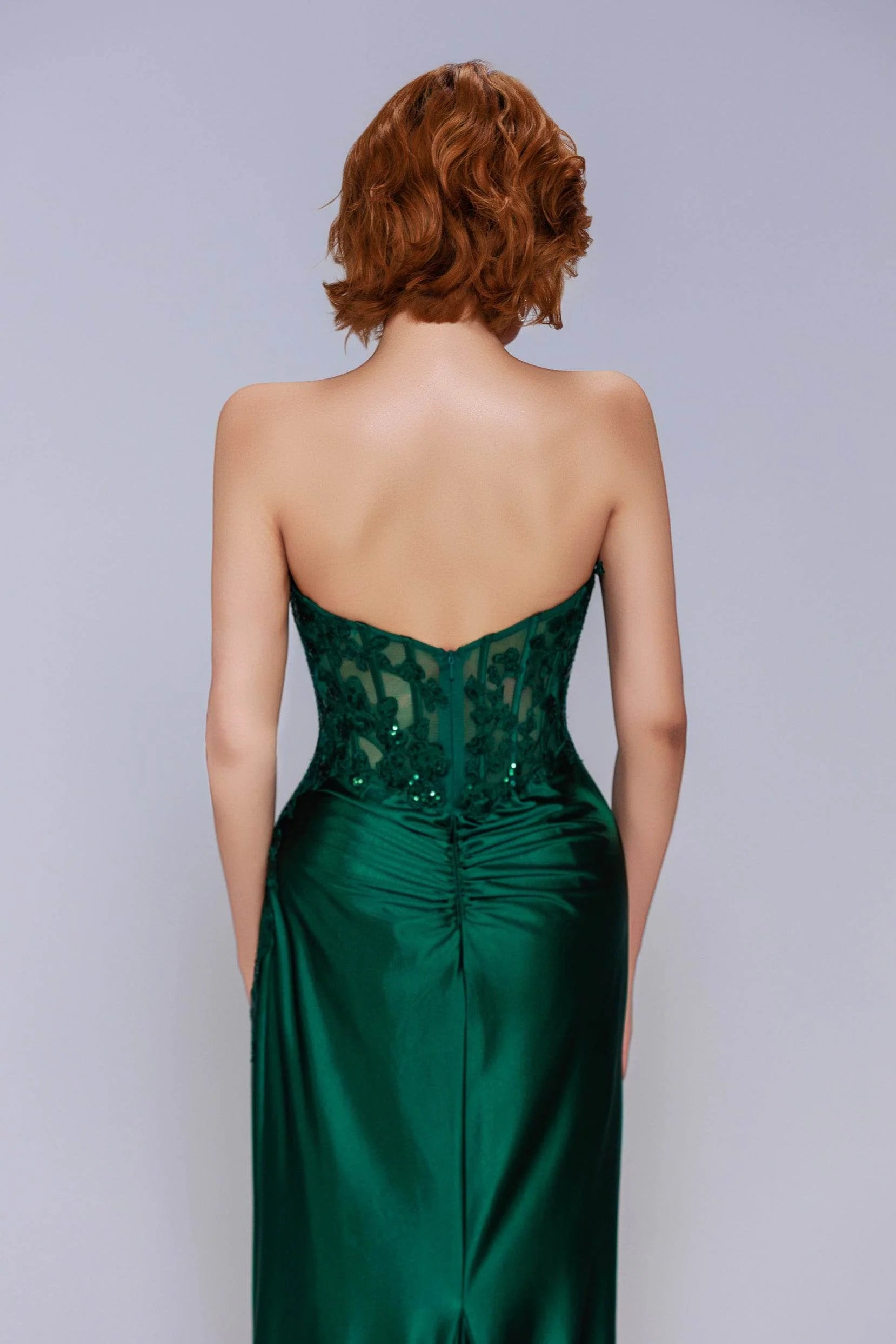 Sleek Sheath Strapless Sweetheart Satin Appliqué Sweep-Brush Train Evening Gown with Slit