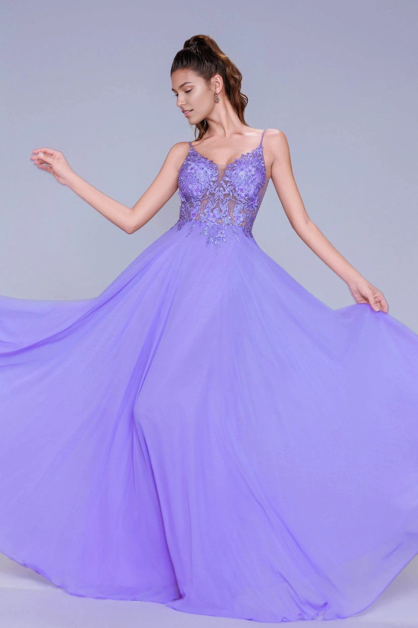 Graceful A-Line V-Neck Spaghetti Strap Chiffon Appliqué Open Back Evening Prom Gown