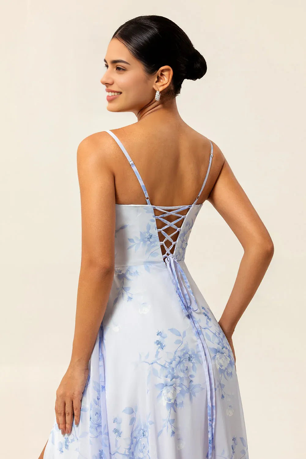 Romantic A-Line Cowl Neck Sleeveless Chiffon Floral Lace-Up High-Slit Evening Gown