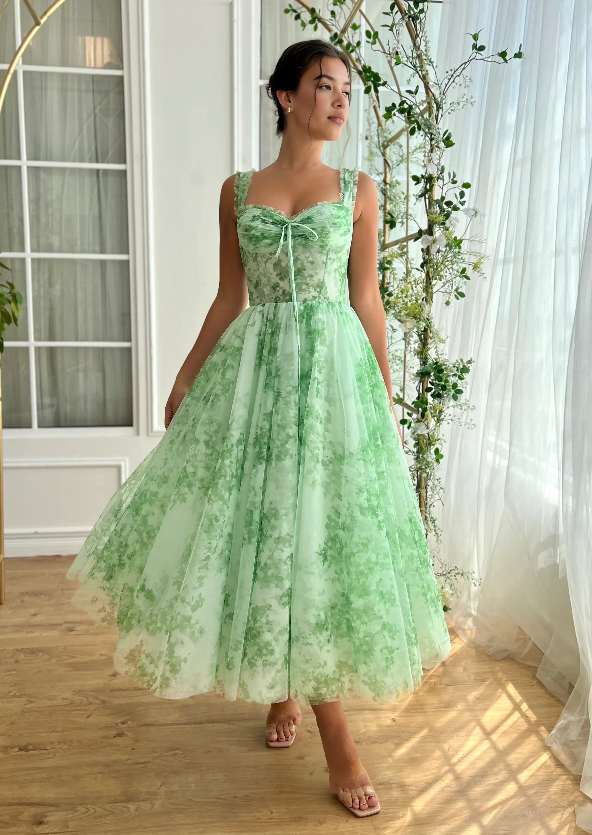 A-line sweetheart floral tulle homecoming dress with ruffle straps and tea-length skirt
