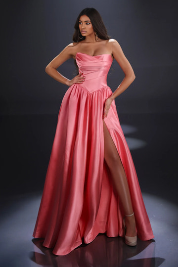 Elegant Ball Gown Sweetheart Neckline Sleeveless Satin Ruched Bodice High Slit Prom Gown