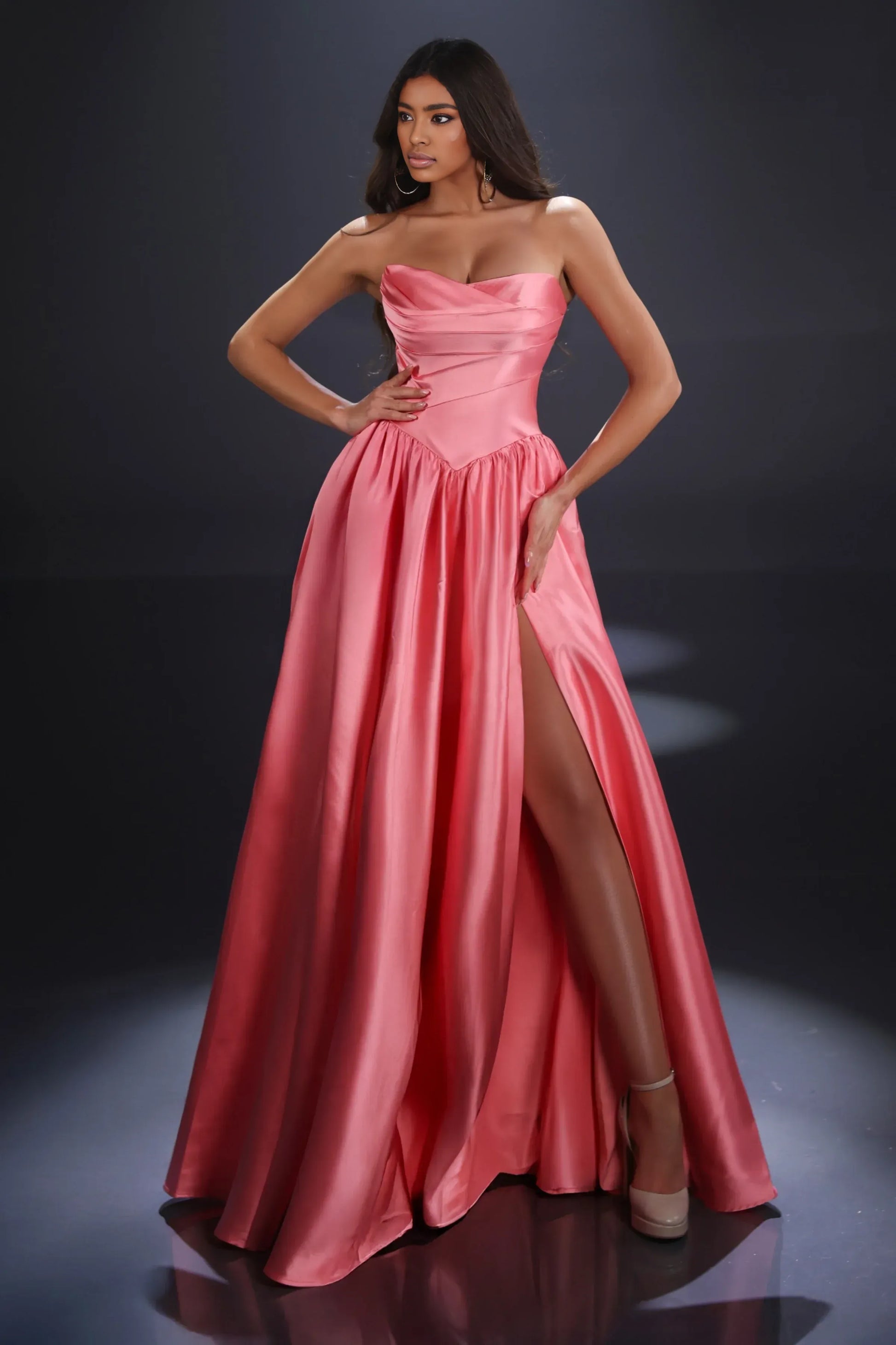 Elegant Ball Gown Sweetheart Neckline Sleeveless Satin Ruched Bodice High Slit Prom Gown