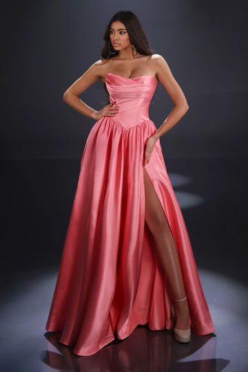 Elegant Ball Gown Sweetheart Neckline Sleeveless Satin Ruched Bodice High Slit Prom Gown