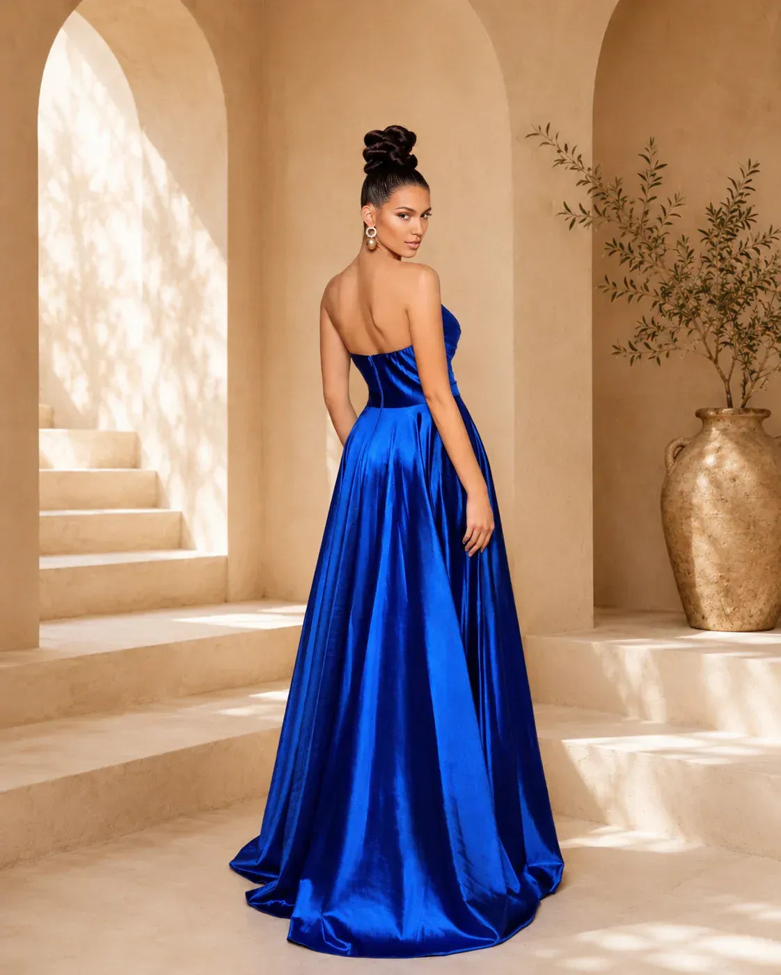 Elegant A-Line Sweetheart Strapless Satin Ruched High Slit Prom Dress