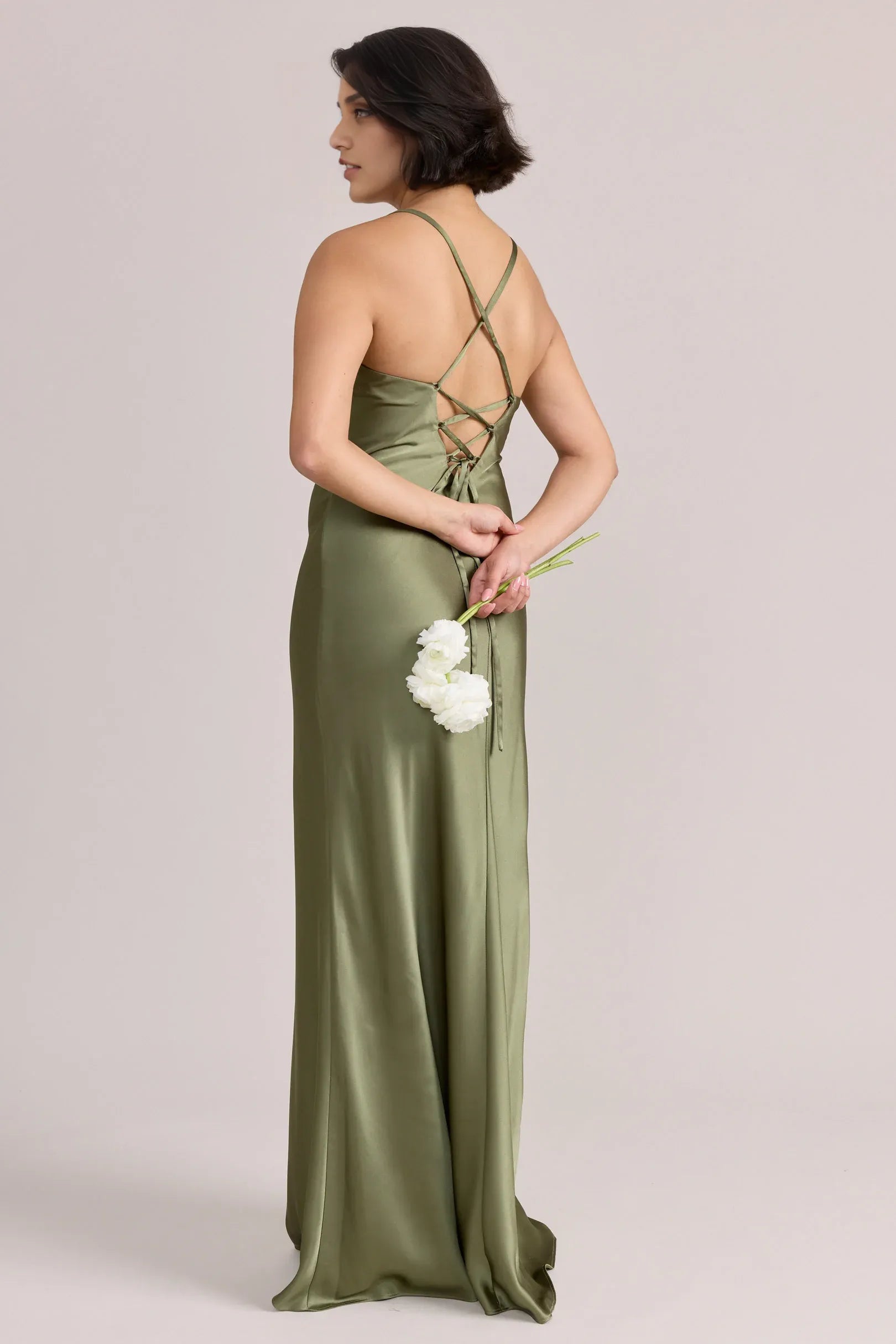 Elegant Column Spaghetti Strap V-Neck Satin Crisscross Lace-Up Back Maxi Bridesmaid Dress