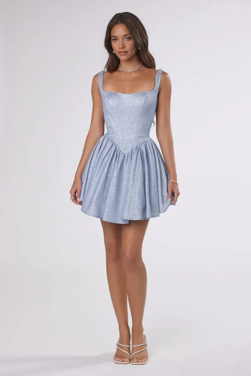 Wide Strap Corset Lace Up Back Glitter Flare Mini Homecoming Dress