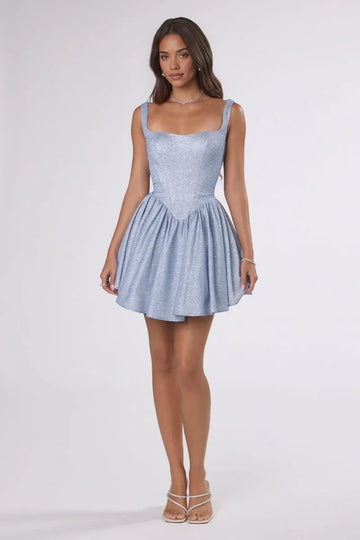 Wide Strap Corset Lace Up Back Glitter Flare Mini Homecoming Dress