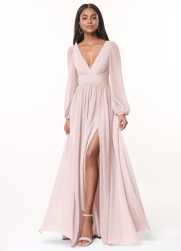 A-Line/Princess Chiffon Plunging Neck Long Sleeves Bridesmaid Dresses Wedding Guest Dresses With Slit