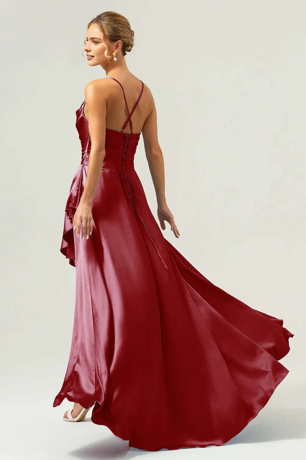 Graceful A-Line Cowl Neck Sleeveless Satin Ruffle Wedding Guest Dress High-Slit Evening Gown